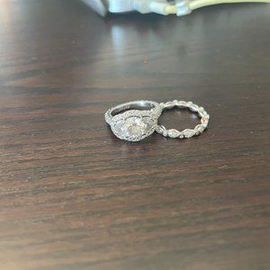 Cushion Cut Diamon Engagement Ring with Center Round Diamond & 2 Half Moons